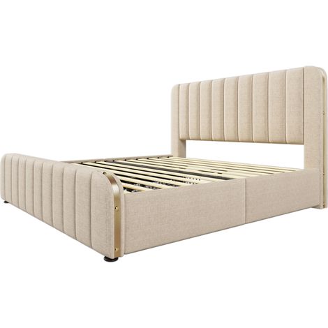 Cama tapizada doble 180x200 cm beige de lino con 4 cajones, USB-C y cabecero dorado (1/5)