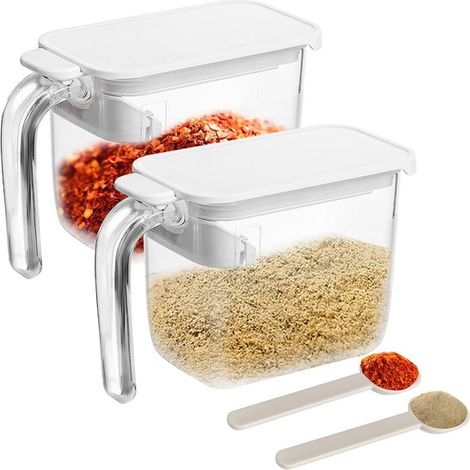 Tarro de especias de 2 piezas con cuchara, salero y azucarero, tarro de especias, con asa, botella de especias, con junta, blanco (1/5)