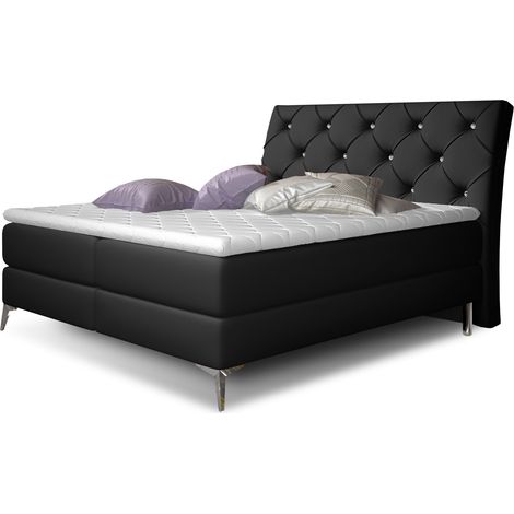Lit design continental avec tête de lit capitonnée strass simili cuir noir Banky-140x200 (1/5)
