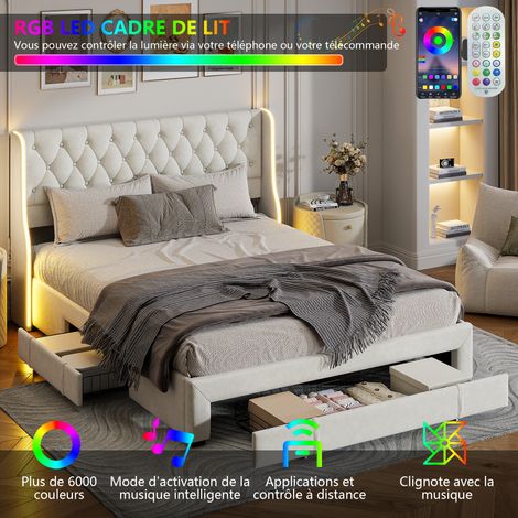 Letto imbottito con cassetti, moderno giroletto matrimoniale, esclusiva testiera a LED, tessuto in velluto beige, 140/160 x 200 cm, senza materasso (1/5)