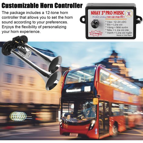 Clacson elettrico ad aria compressa a doppia tromba da 110 dB, 12-24 V, con controller a 12 suoni, per auto, camion, camper, barca. (1/5)