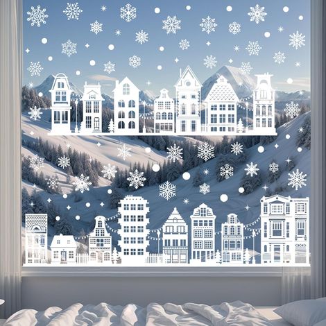 9 Feuilles Stickers Vitre Decoration Noel Fenetre Impression Recto Verso Stickers Noel Fenetre Motif Maison Flocons de Neige pour L'aménagement D'événements Décoration Quotidienne Vitrines (1/5)