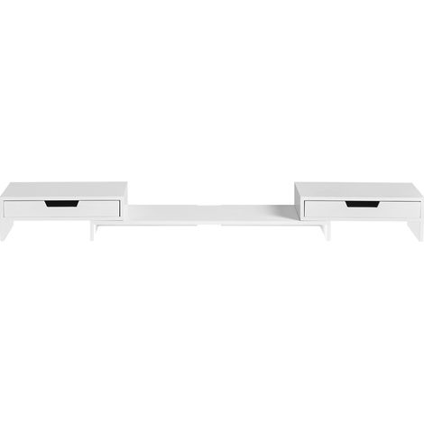 SoBuy BBF04-W Design Monitorerhöhung für 2 Monitore Monitorständer Bildschirmständer Notebookständer Schreibtischaufsatz mit 2 Schubladen breitenverstellbar Weiß BHT ca.: 60-107x11x22cm