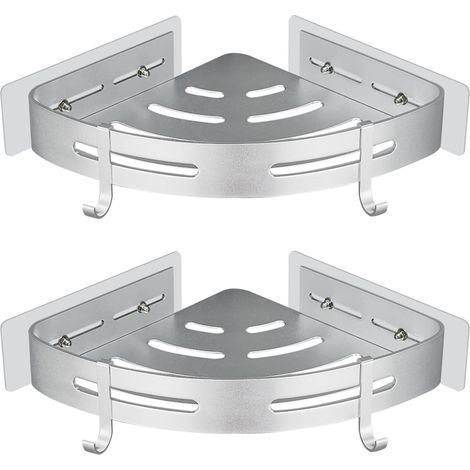 No Drilling Adhesive Shower Corner Shelf, Corner Shower Caddy, Bathroom Organizer, Silver Aluminum, Wall Mount, 2 Pack, Shower Shampoo Holder (1/5)