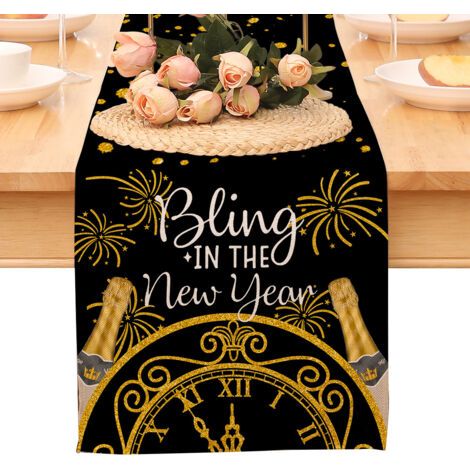 Chemin de table « Bonne année », nappe noire et or à pois et étoiles, décoration pour la maison et la cuisine, ambiance champêtre, linge de table en toile de jute pour les fêtes d'hiver 2026
