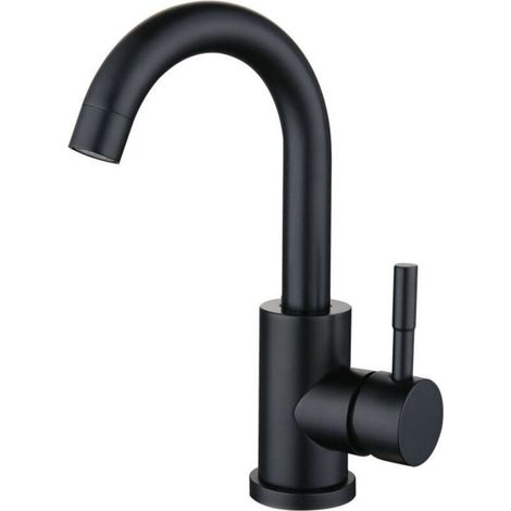 Vtizikl Robinet d'eau chaude et froide noir en acier inoxydable petit robinet de bassin rotatif brossé de salle de bain incurvé (1/5)