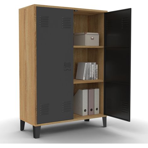 Idmarket – Armoire basse 2 portes métal noir – Contour bois hêtre – Dimensions 75x33x110 cm – 4 pieds métal – Style industriel