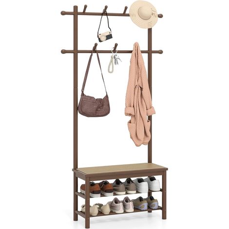 COSTWAY 3 in 1 Appendiabiti da Terra in Bambù, Appendiabiti Salvaspazio con Scarpiera a 2 Ripiani, Panca in Rattan PE e 11 Ganci Arrotondati, Mobile Ingresso, 71 x 30 x 169,5 cm (Marrone) (1/5)