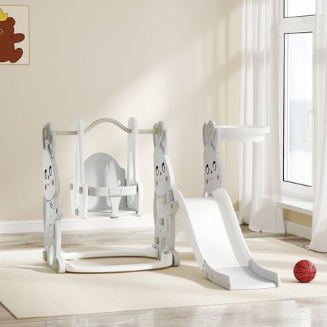 Ensemble de jeux 4 en 1 pour tout-petits : toboggan, balançoire, structure d'escalade, panier de basket, en plastique, motif lapin, gris. (1/5)