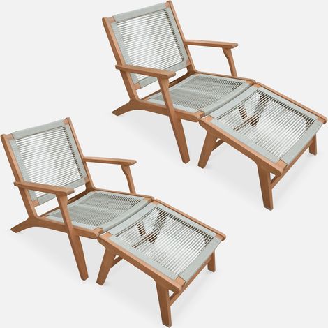Set 2 lettini prendisole in legno e corda con poggiapiedi