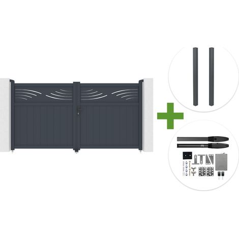 Portail battant 3m HALTI H.160cm aluminium gris + 2 poteaux ELDA 15x15cm + motorisation Hicker B200 (1/5)