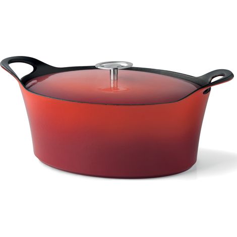 Volcan - Cocotte ovale 29cm fonte de fer émaillée rouge avec couvercle (1/2)