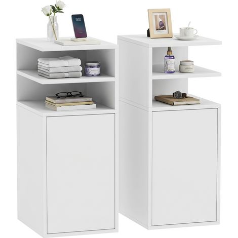 HOMCOM Slim Bedside Table Set of 2 with Open Cubbies and Cupboard, White (1/5)