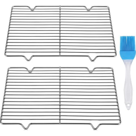 Lot de 2 grilles de refroidissement rectangulaires en acier inoxydable pour pâtisserie, rôtir, refroidir, griller, passe au lave-vaisselle, 30 x 20 x 1,5 cm, avec 1 pinceau à pâtisserie (1/5)
