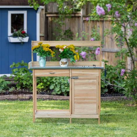 Outsunny Pflanztisch, Gartentisch mit 2 Ablagen, Schublade, Schrank, verzinkter Stahlblechplatte mit Rand, 3 Haken – Pflanztisch aus Tannenholz