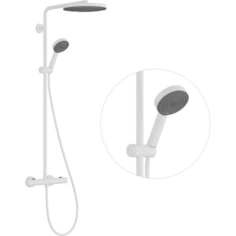 Colonne de douche avec mitigeur thermostatique, douche pluie (260mm) avec robinet, douchette, support, flexible douche, barre et douche de tête ronde, Blanc mat (1/5)