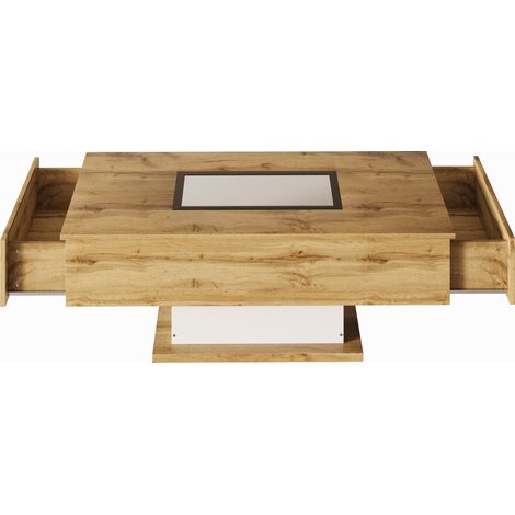 Tavolino da caffè con luce LED multicolore, piano in vetro, 2 cassetti, bianco e effetto legno (1/5)