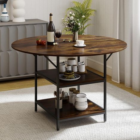 COSTWAY Table Ronde Salle Manger 120 CM pour 6 Personnes, Table de Cuisine avec Étagère à 2 Niveaux, Cadre Métallique, Plateau en Bois Lisse, Table Ronde pour Salon, Style Industriel (Marron rustique) (1/5)