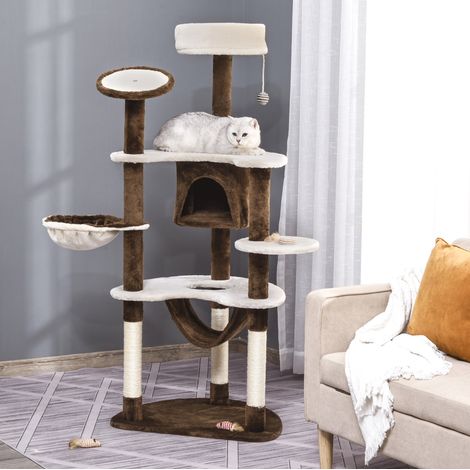 Árbol rascador con cubo, hamaca y plataforma, 153 cm, marrón OKMYHOME (1/5)
