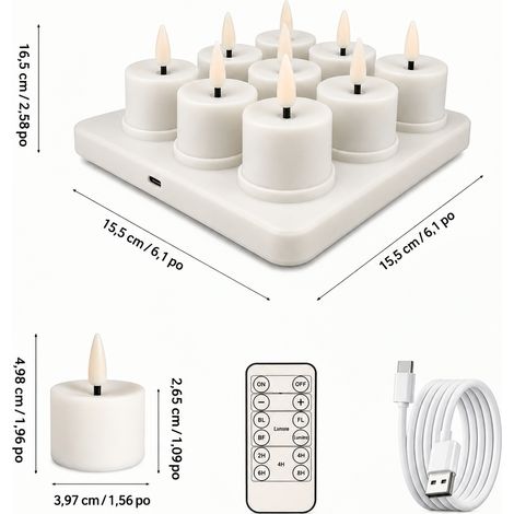 Lot de 9 bougies chauffe-plat LED rechargeables Type-C lisses avec télécommande blanc 3 9 réf 3517 15,8 × 14,8 × 7 cm 405 g – Livraison gratuite