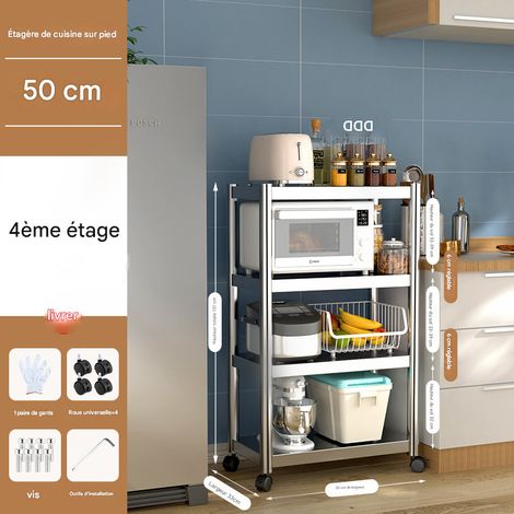 Étagère de Cuisine au Sol à 4 Niveaux en Acier Inoxydable, Support Mobile pour Four à Micro-ondes, Four et Ustensiles, 50×33×131cm (1/3)