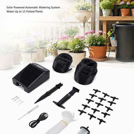 Système d'arrosage automatique SW15 - Solaire - 15 plantes - Kit goutte-à-gotte avec minuterie et pompe pour balcon jardin (1/5)
