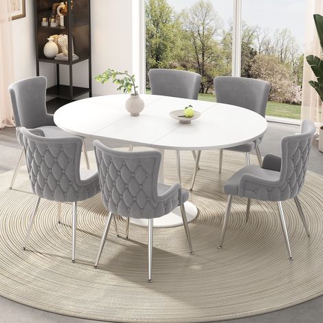Fauteuil, en métal et velours, gris, pour chambre, Chaise à manger en velours, salon de luxe, ensemble de 6 personnes, assise confortable