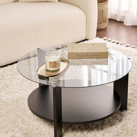 Table basse verre fumé double plateau - effet bois noir SALTA (1/5)