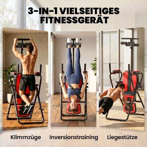 3-in-1-Inversionstisch mit 3 Inversionswinkeln, Liegestütz- und Klimmzugstangen sowie einer Kopfstütze. (1/5)