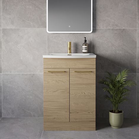 Napoli 390 Light Oak 600mm 2 Door Vanity Unit with Arc Basin - 600mm - Brushed Brass 160mm Handle