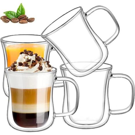 4 tasses à café, double paroi, verre borosilicaté, 220 ml, isolées, pour cappuccino et thé