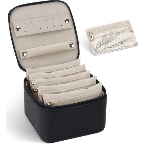 Petite boîte à bijoux de voyage en cuir grain litchi, 6 poches transparentes en velours, rangement bijoux, boucles d'oreilles, bagues, noir (1/5)
