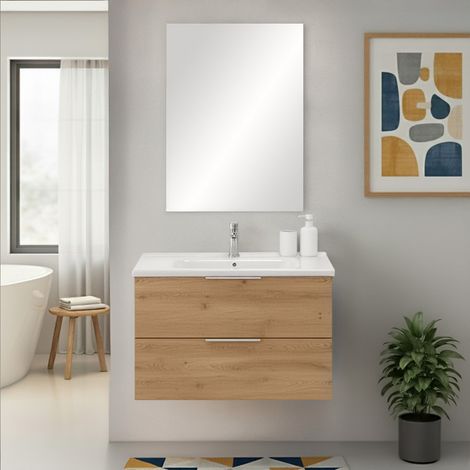 Mobile bagno sospeso 80cm rovere con cassetti lavabo e specchio Elva (1/5)