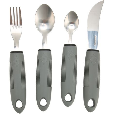 4 couverts adaptés gris antidérapants couteau fourchette cuillères poignées larges lestées pour personnes âgées préhension facile (1/5)