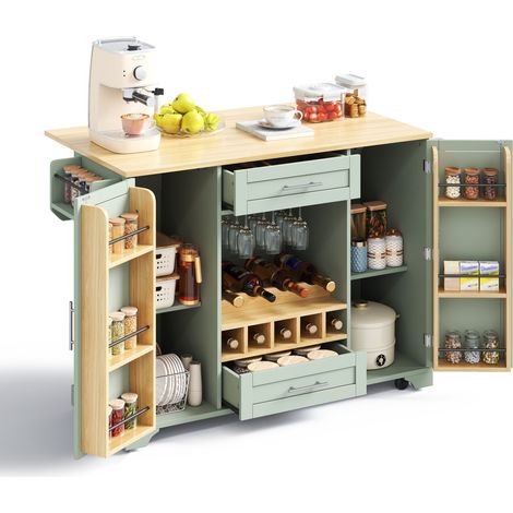 Desserte de Cuisine sur Roulettes avec Plan de Travail Pliable, Îlot Central Vert avec Porte-Bouteilles et Tiroirs, 138x45/70x92cm (1/5)