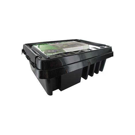 Caja estanca Dribox para conexiones eléctricas en exteriores. Nivel de protección IP55. Dimensiones 330x230x140mm. Bandeja negra.