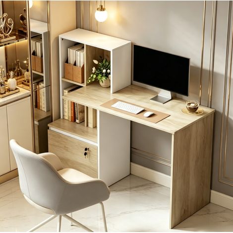 Bureau informatique 126x50x109 cm avec bibliothèque 4 compartiments et tiroir verrouillable, bois blanc chêne (1/5)