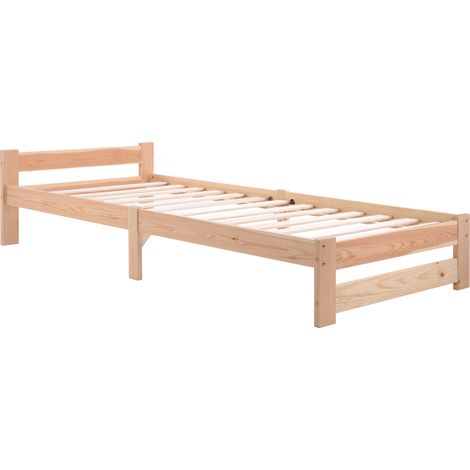 Lit futon solide en bois massif, avec tête de lit et sommier à lattes, naturel (200x90cm) (1/5)