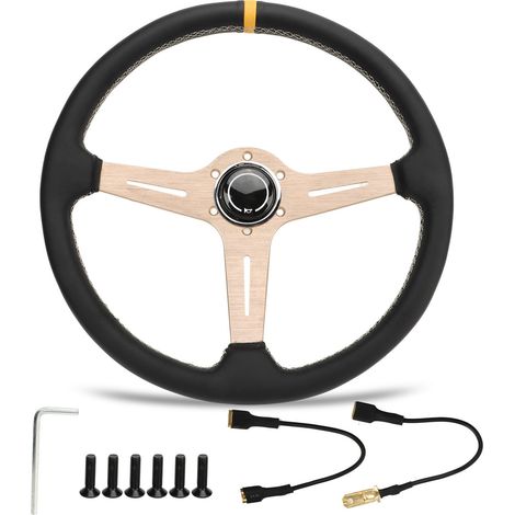 Volant de voiture universel 14,5 pouces, cuir blanc, couture intérieure, cadre cuivré, prise ferme, contrôle précis (1/5)