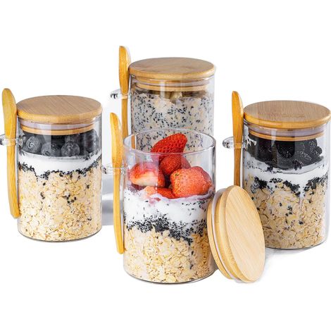 Bocal À Oats - Verre Trempé 480 ml - Couvercle Étanche - Pour Préparation De Repas - Lot De 4 (1/5)