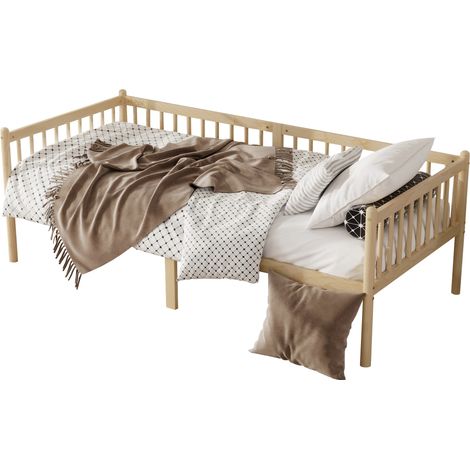 Letto da giorno 90x200 cm con sponde su 3 lati, 14 doghe e gambe in legno, struttura compatta in legno chiaro – CHICFURN (1/5)