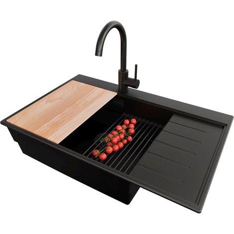 PRIMAGRAN Evier Cuisine en Granit 78x50cm,Lavabo 1 bac + Robinet 32x20cm + Kit de Vidage + Accessoires, Évier à Encastrer au meuble 60cm - Sydney, Tout Noir