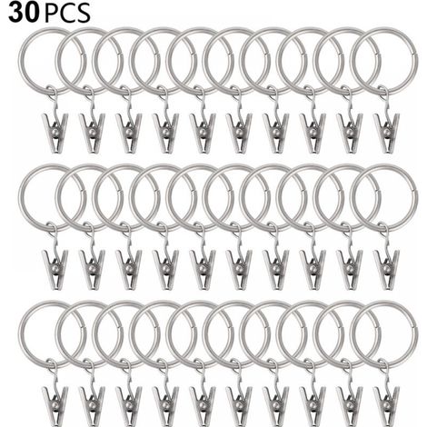 Paquete de 30 anillas para cortina con clips, resistentes ganchos para barra de cortina, ojales metálicos de diámetro interior para cortinas decorativas y marcos de ventana, plateados, 25 mm (1/5)