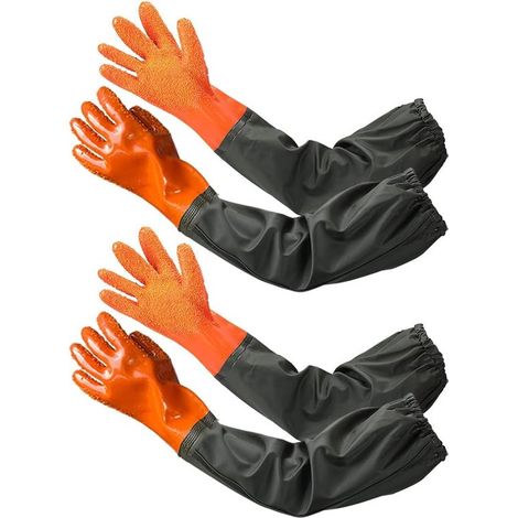 Lot de 2 gants imperméables longs – 70 cm – Orange – Antidérapants – Résistants huile, acides, alcalis – Doublure coton (1/5)