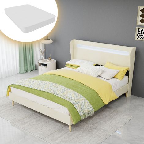 DESVIAE Lit plat rembourré avec éclairage LED tête de lit réglable 140 x 200 cm beige tissu métal (1/5)