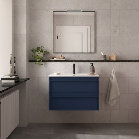 Mobile Bagno Sospeso 80 cm con Lavabo in Ceramica e 2 Cassetti Blu Satinato – Urban