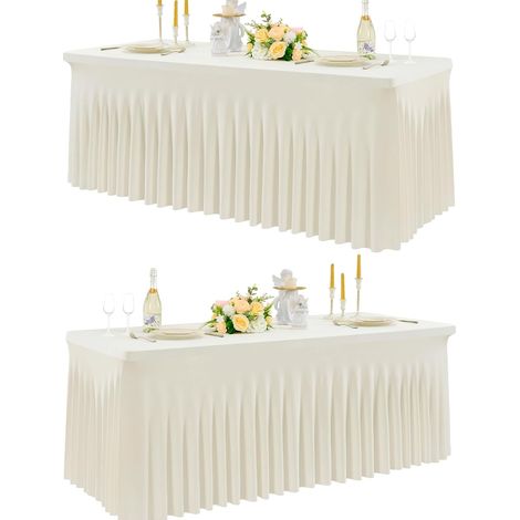 Lot de 2 nappes, extensibles, polyester élasthanne, avec jupe ondulée, pour table rectangulaire 180 cm, mariage fête (1/5)