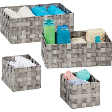 Relaxdays Cestos de Almacenaje Set de 4, Tejidos, Cestas Baño, Rectangulares, 3 Tamaños, Plástico, Color Gris