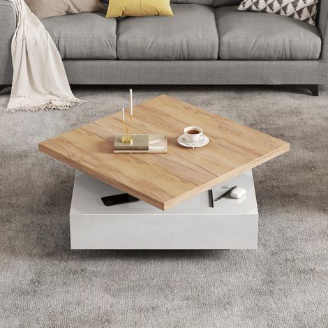 Table basse carré - 70x70x36cm - Plateau pivotant à 360° - 2 niveaux - espace intégré - finition bois naturel et blanc (1/5)