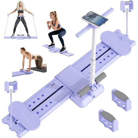 Kit Pilates Reformer, Machine à Ski 5 en 1, Planche de Pilate Pliable, Appareil Abdominaux, Push up Board, Poignées Amovibles avec Support Téléphone, pour Le Renforcement du Core, Fessiers, Bras